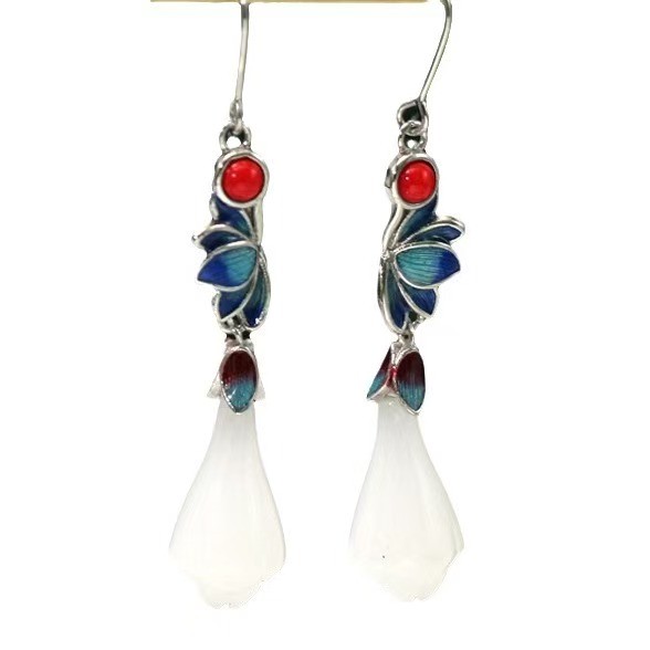 Jade Flower Earrings Enamel Drop Dangle Long Chinese Style Ethnic Women