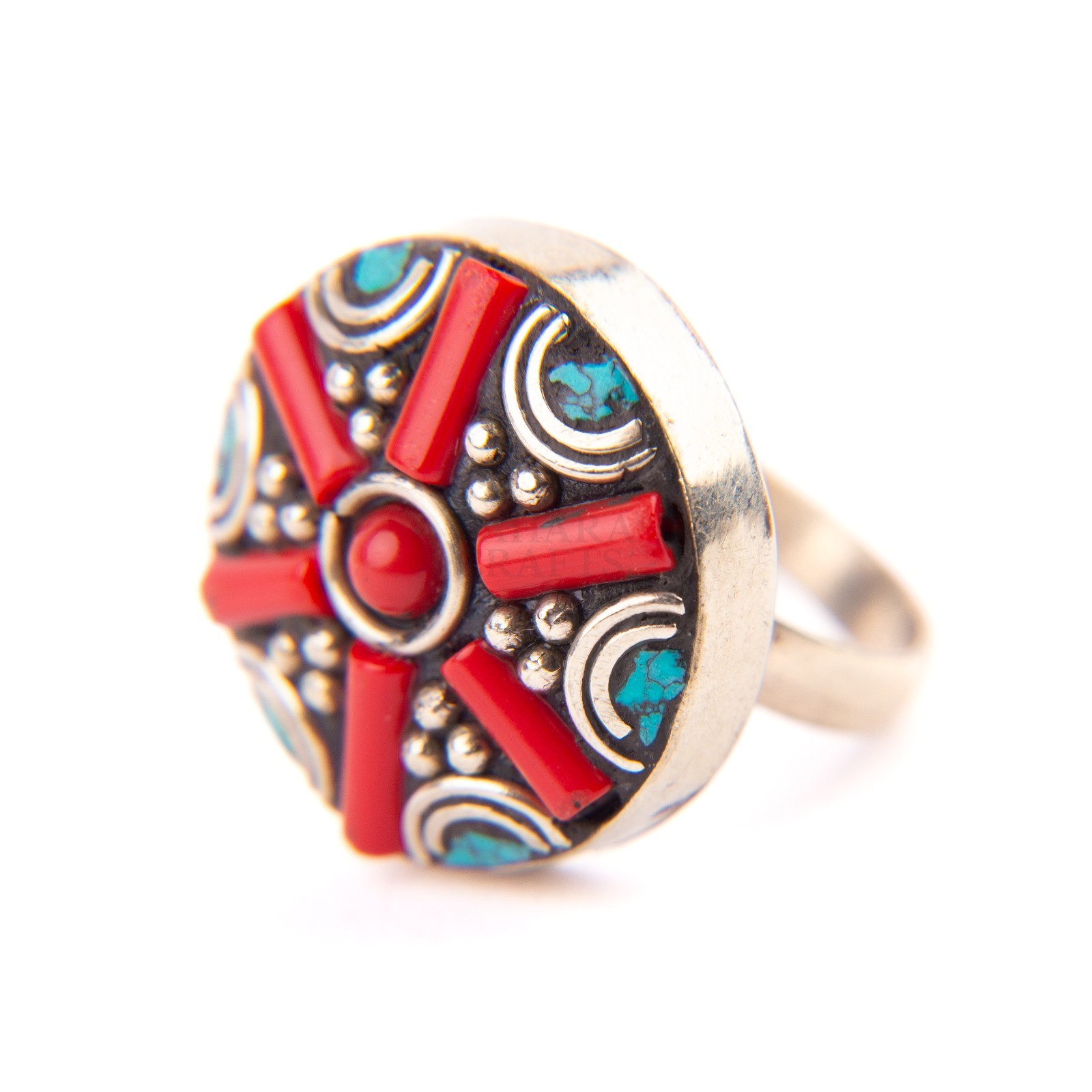 Tibetan Ring, Red Coral Turquoise, Traditional Ring, Handmade Nepali Jewelry, 10