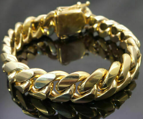 Men’s Miami Cuban Link Chain Bracelet Solid 14K Gold Plated Stainless Steel