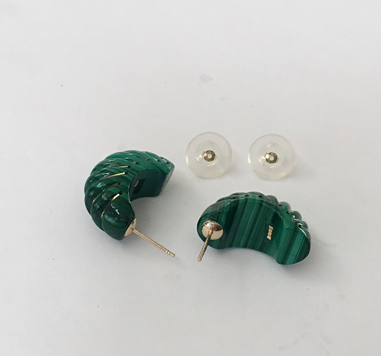 Natural Green Malachite Solid 14K Yellow Gold Dome Earrings NEW