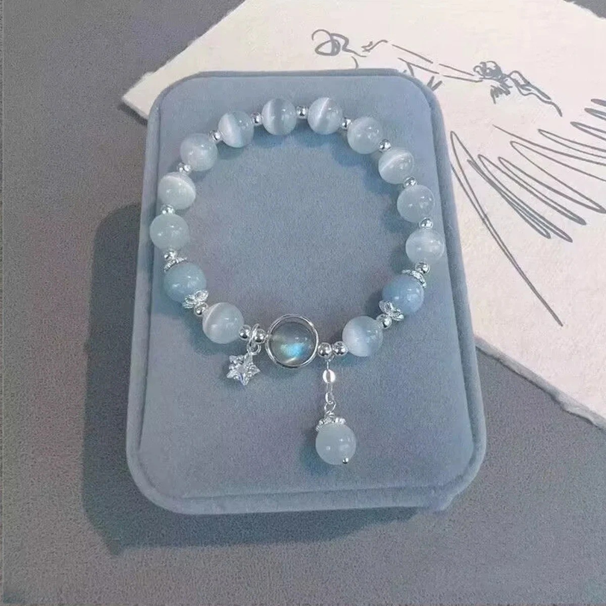 Women Blue Moonstone Cat Eye Pendant Crystal Bead Bracelet Gift Jewelry