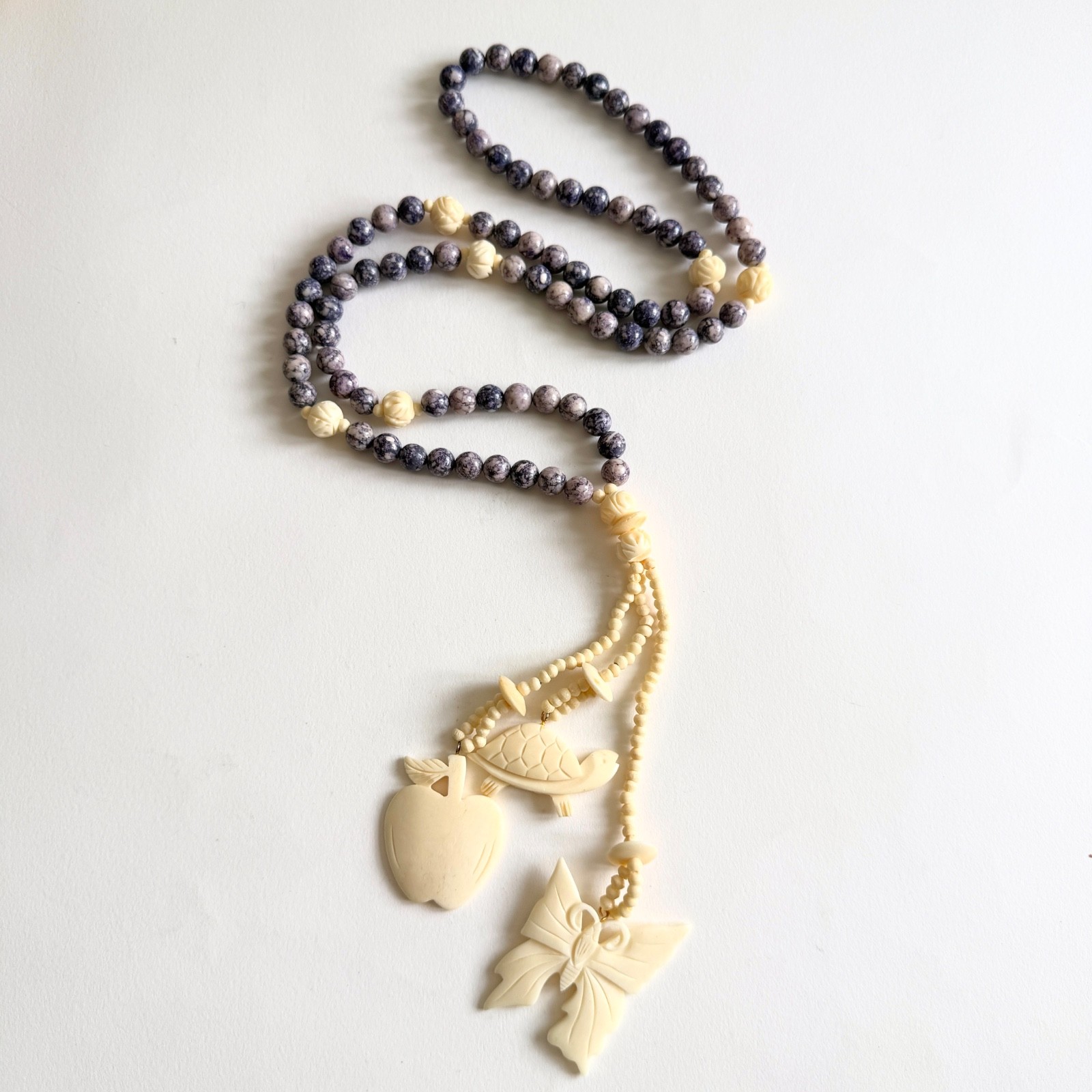 Vintage Fetish Carved Bone Purple Stone Lariat Necklace Butterfly Turtle Apple