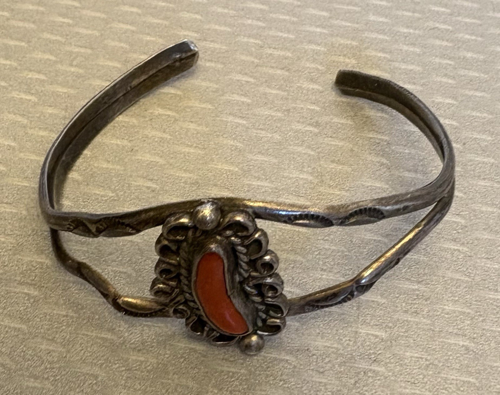 Vintage Navajo Sterling Silver Red Coral Cuff Stampwork Signed JJJ Bracelet READ