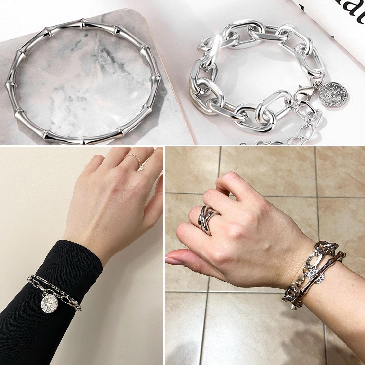 17IF 18 Pcs (6 Pack) Silver Bracelets Set for Women Boho Large,