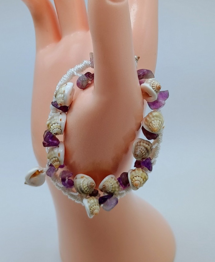 Macrame Beach Anklet with Amethyst and Natural Shells