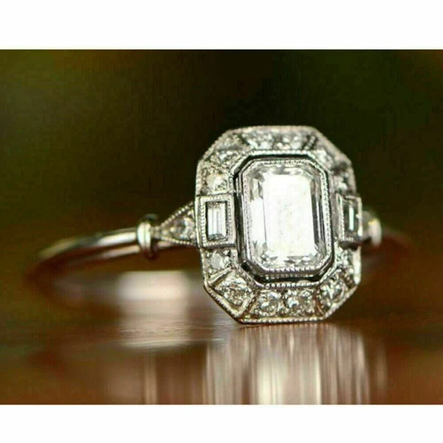 3Ct Emerald Moissanite Halo Art Deco Engagement Ring 925 Silver 14K Vermeil