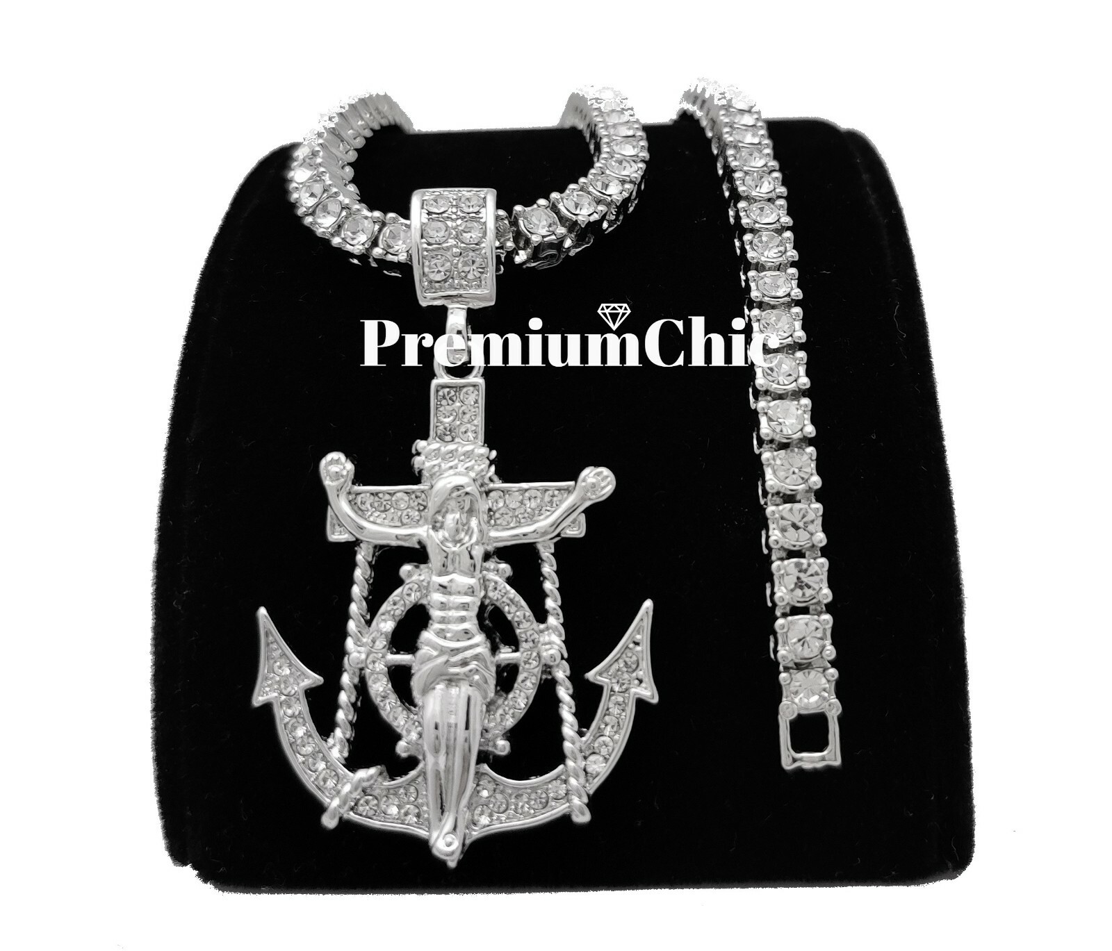 ICED Jesus Anchor & 5MM Tennis Chain Choker Plated Mens Hip Hop CZ Necklace