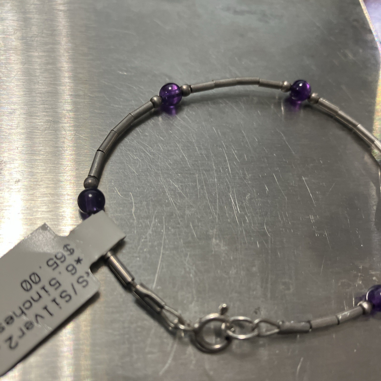 925 Sterling Silver Bracelet 2.4 Grams With Purple Beads 6.5 Inches Pre Owned