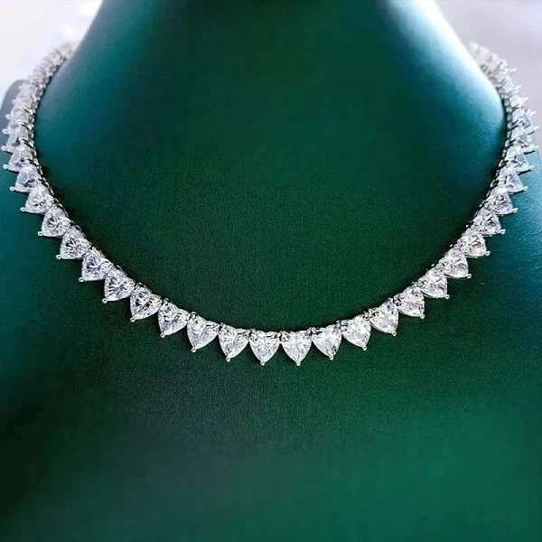 3mm Heart Cut Moissanite Women’s 18″ Tennis Necklace 14K White Gold Plated