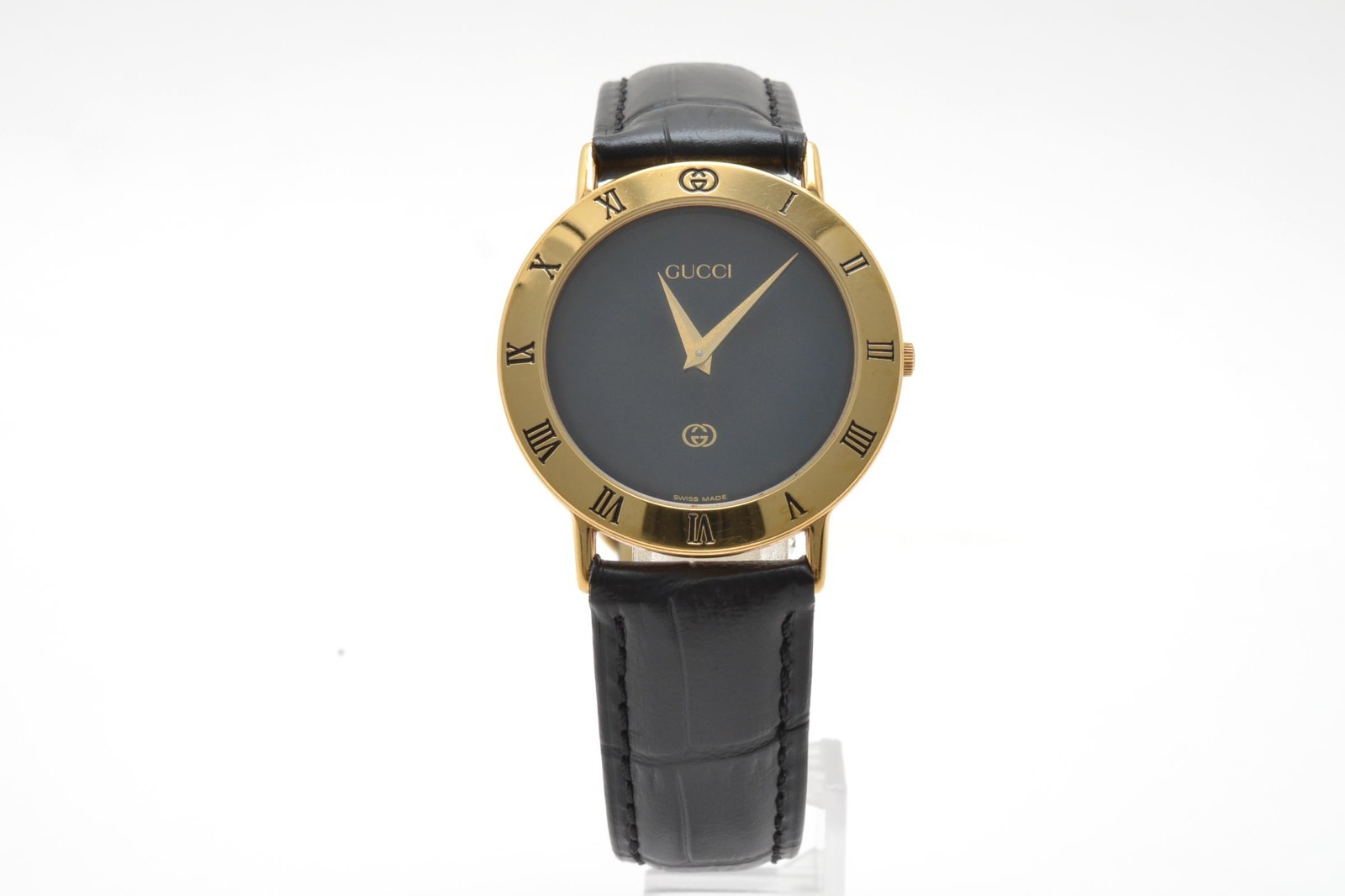 GUCCI 3000M Quartz Men’s Watch Black Dial Gold Roman Bezel Swiss Made