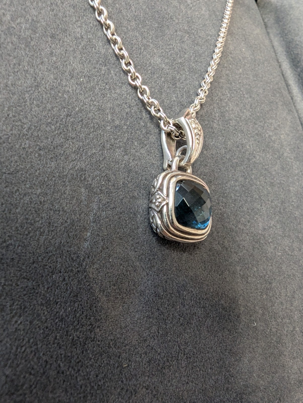 Scott Kay Sterling Silver Blue Stone Spinel? And Diamond Cushion Necklace