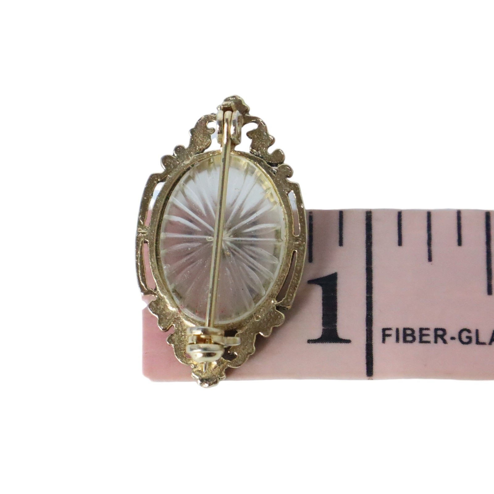 Vintage Camphor Glass Rhinestone Brooch Pin Gold Tone Filigree Oval Art Nouveau