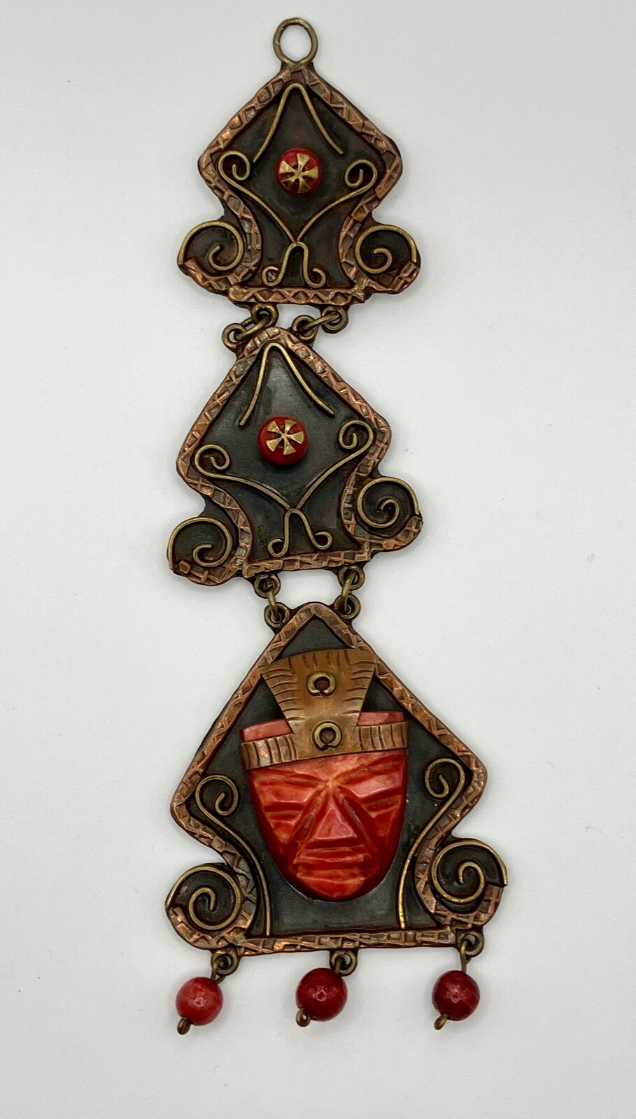 Large Mexican Carved Blood Orange Agate Tribal Mask on Copper Pendant 86 grams
