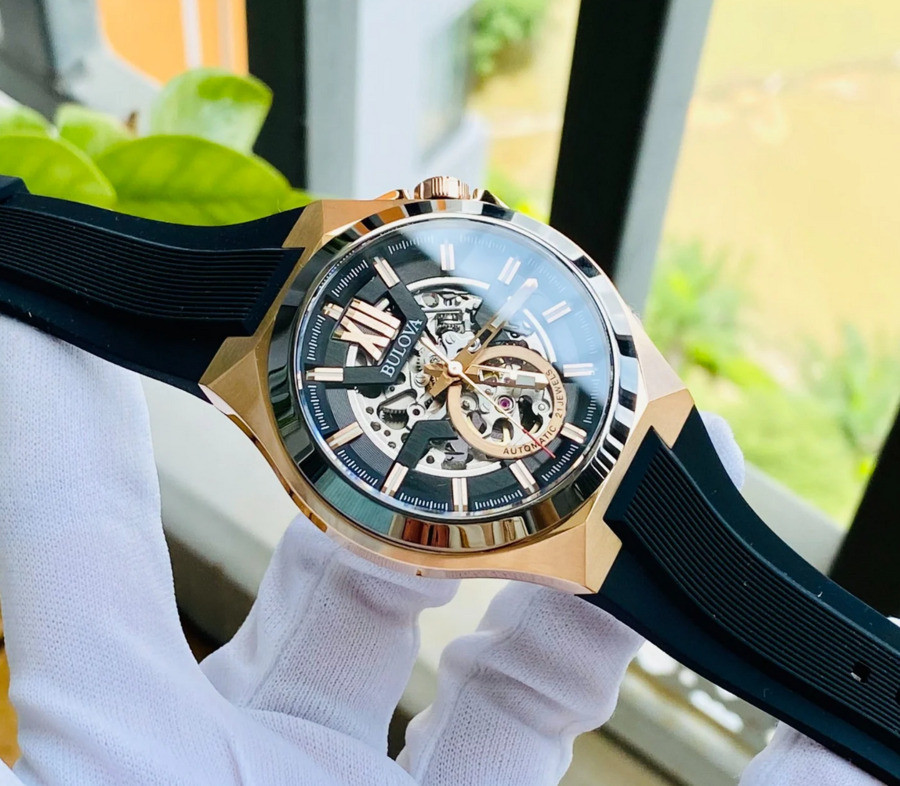 Bulova Maquina Automatic 98A177 Sapphire Rose Gold Black Dial Silicone Watch