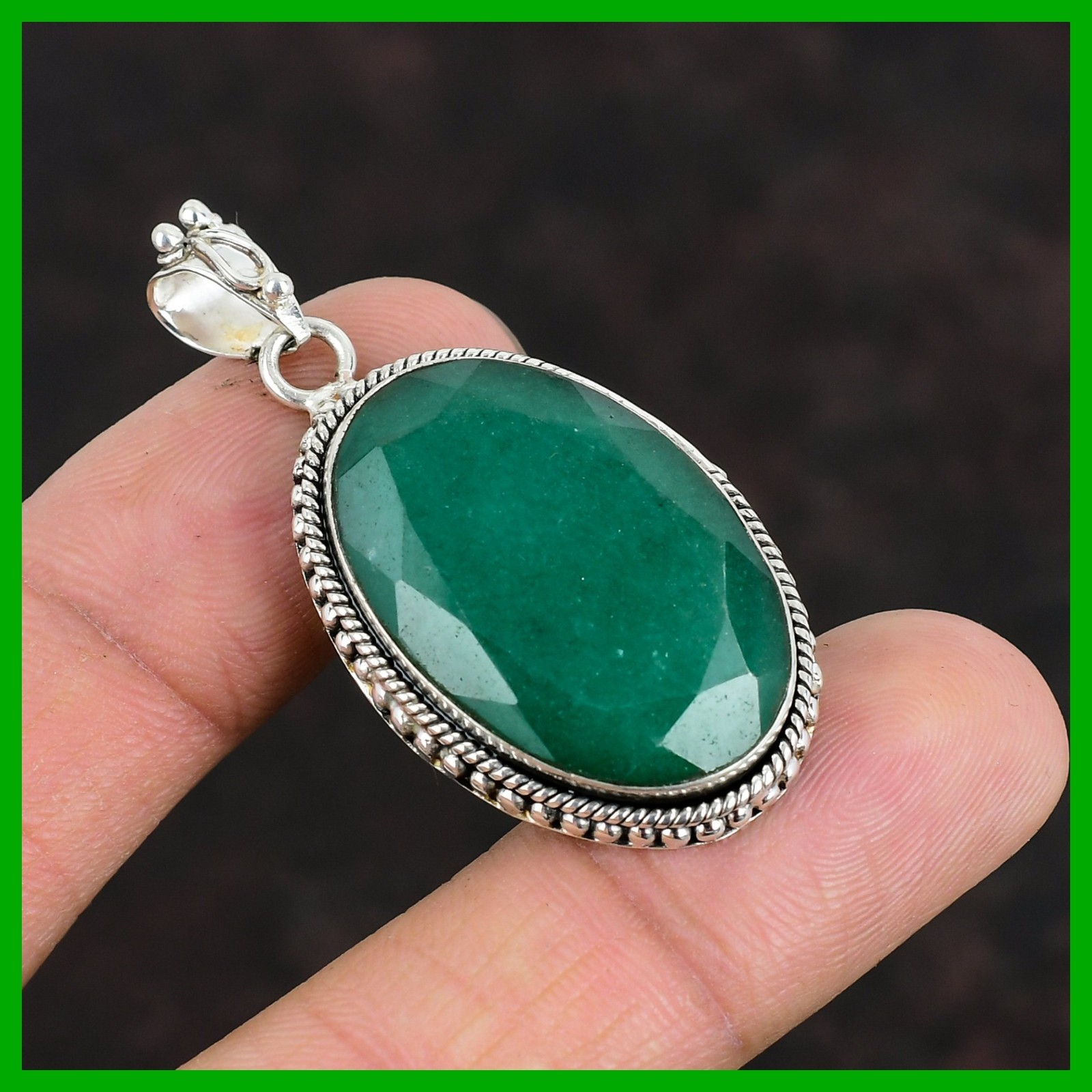 Friendship Day Deal Oval Zambian Emrald Gemstone Bezel Pendant Sterling Silver