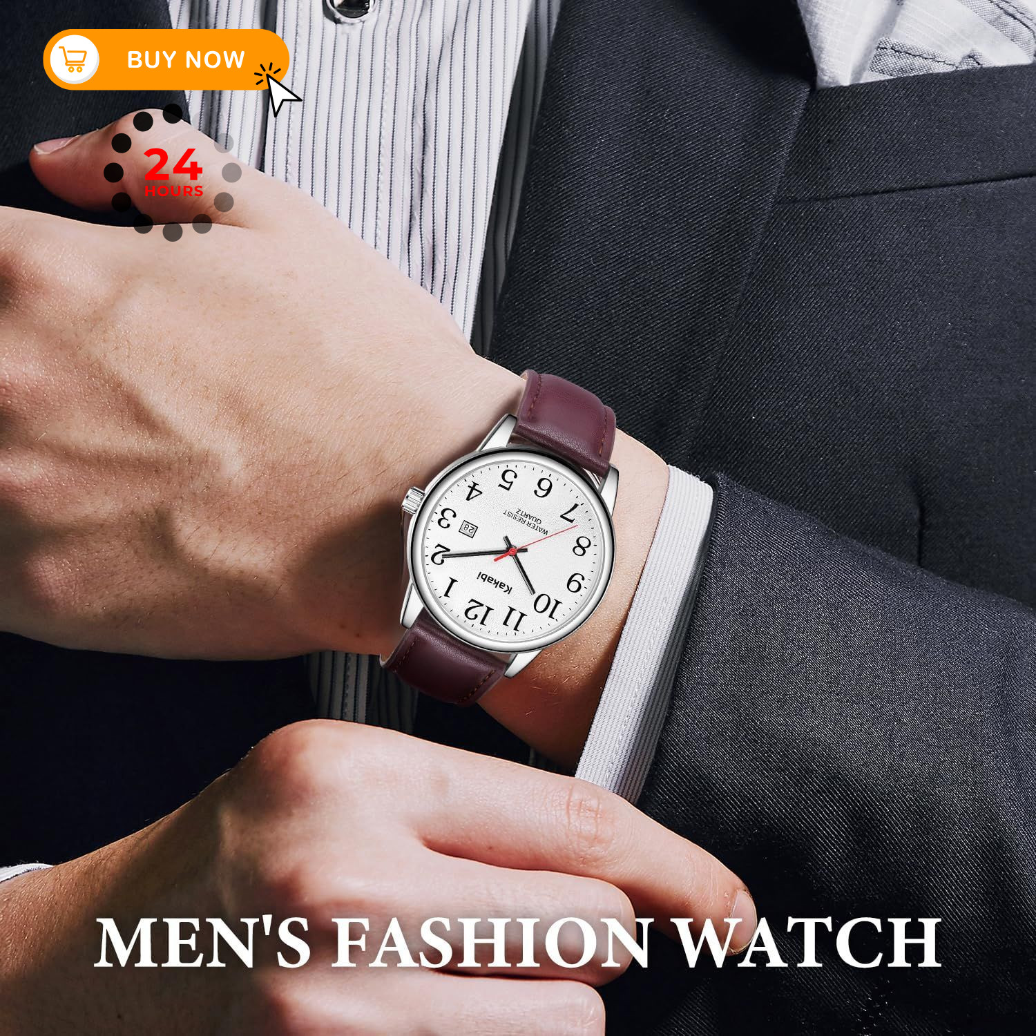 Kakabi Watch for Men, Easy Reader Unisex 03-Reddish-brown/Silver-Tone/White