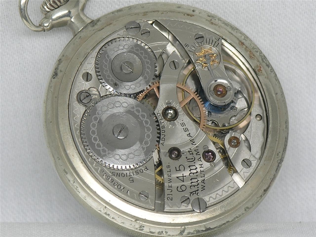 ANTIQUE 16S WALTHAM 21 JWL GR 645 RAILROAD SILVEROID POCKET WATCH, RUNNING!