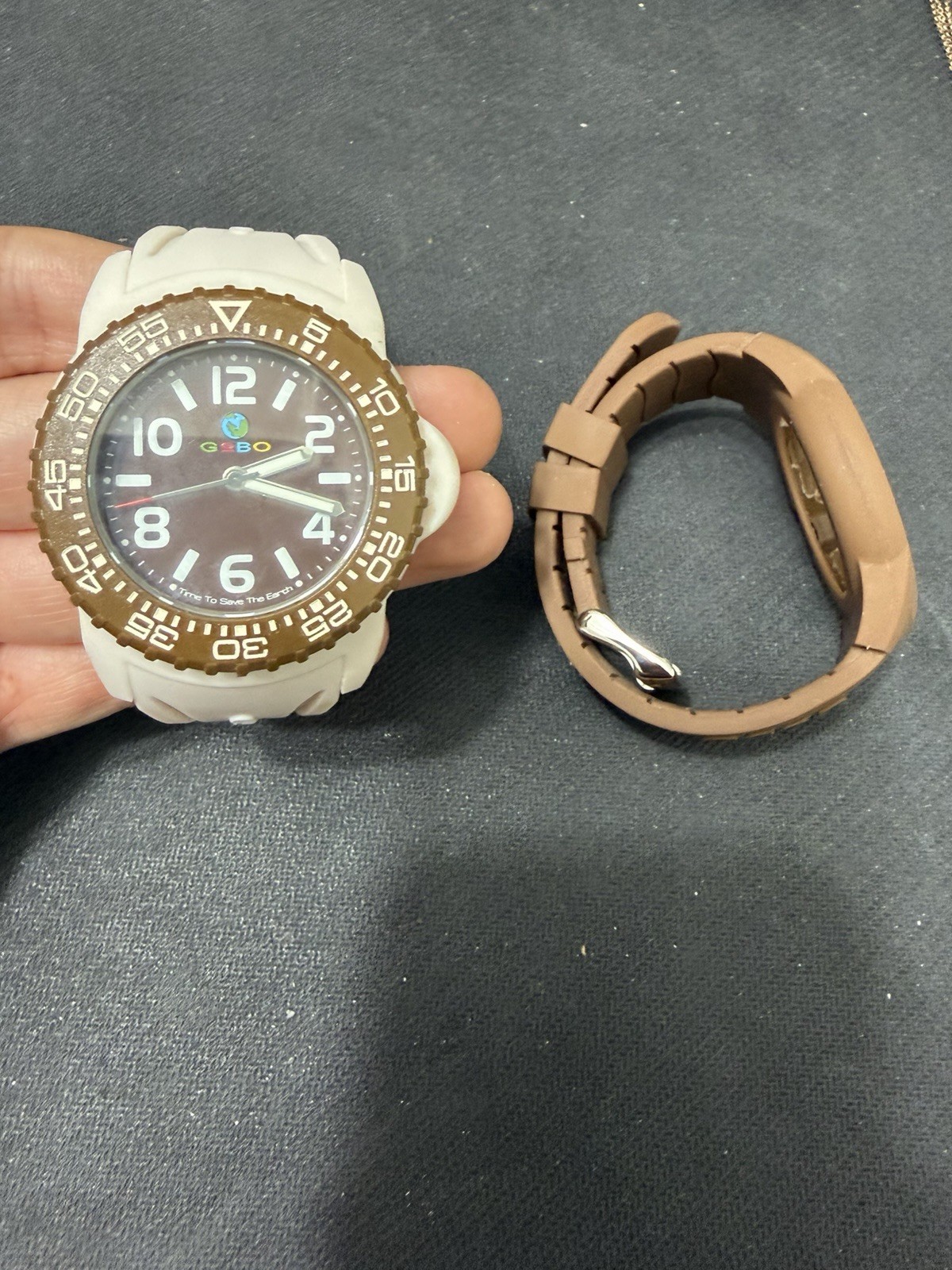 GEBO Time To Save The Earth Watch – 2 Straps White & Brown – Old Stock