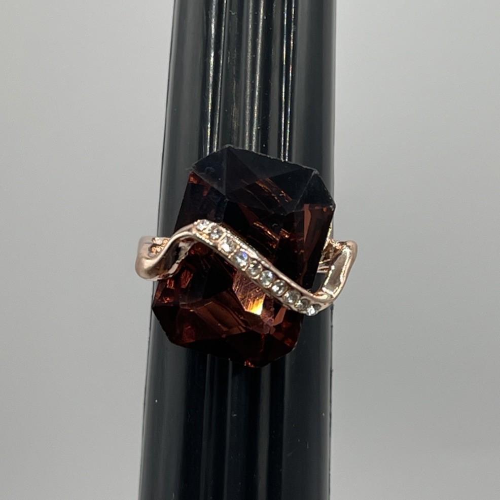 Rose Gold Filled Octagon Brown Cognac Wine Rhinestone Wave Wavy Ring Size 6.25