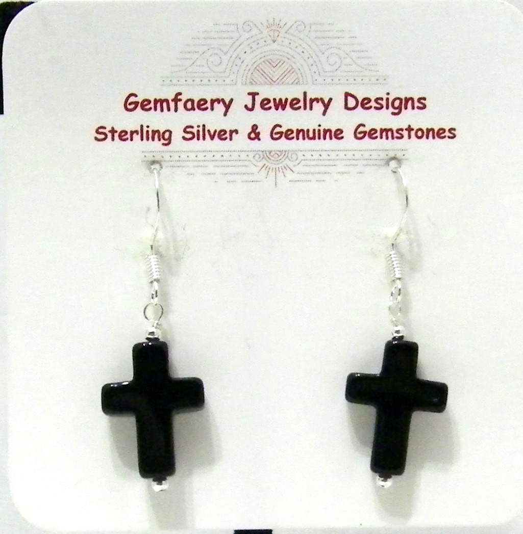 Sterling Silver Carved ONYX Gemstone Cross Dangle Earrings…Handmade USA