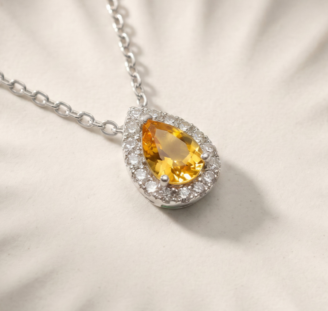 925 Sterling Silver Citrine Pear Pendant November Birthstone Necklace Gift-18″