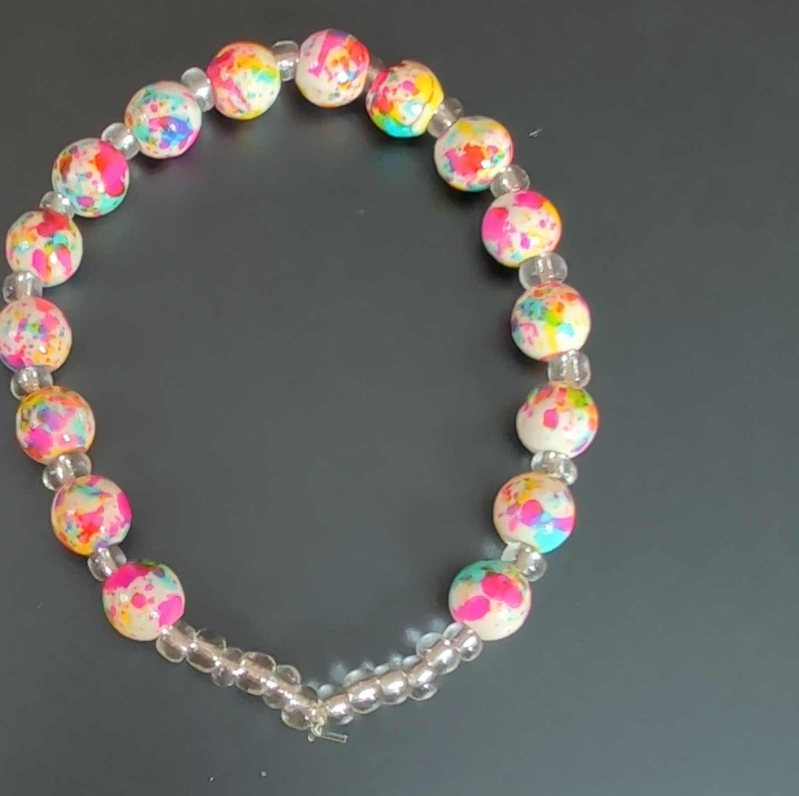 Beaded Bracelet Multicolor & White Round Plastic Beads Cord Bohemian Confetti