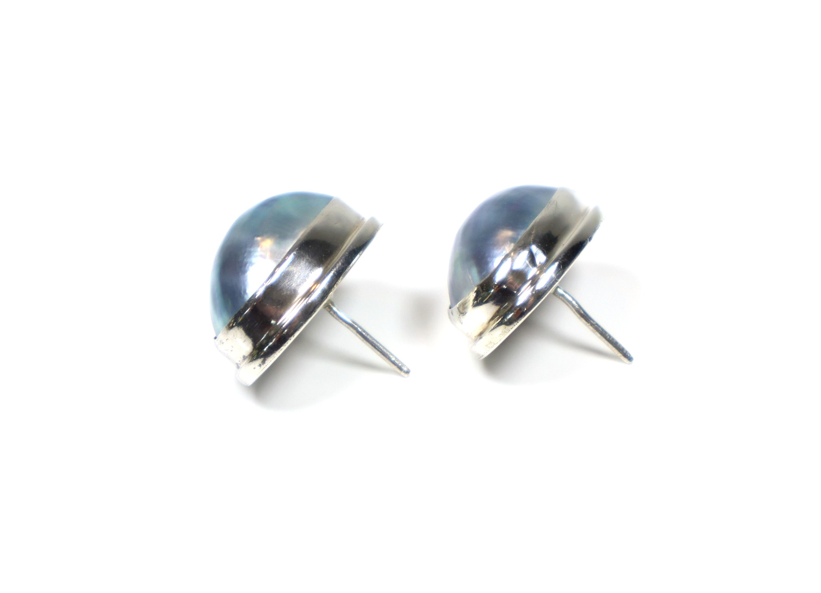 Vintage Blue Mabe Pearl 925 Sterling Silver Stud Post Earrings Large Oval Shape