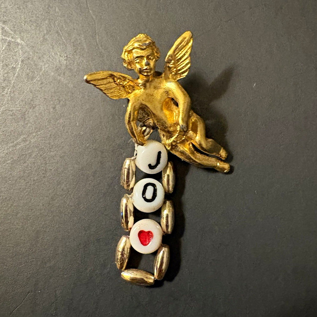 Gold & Silver Tone Angel Cherub “JOY” Love Pin, Metal & Plastic, White