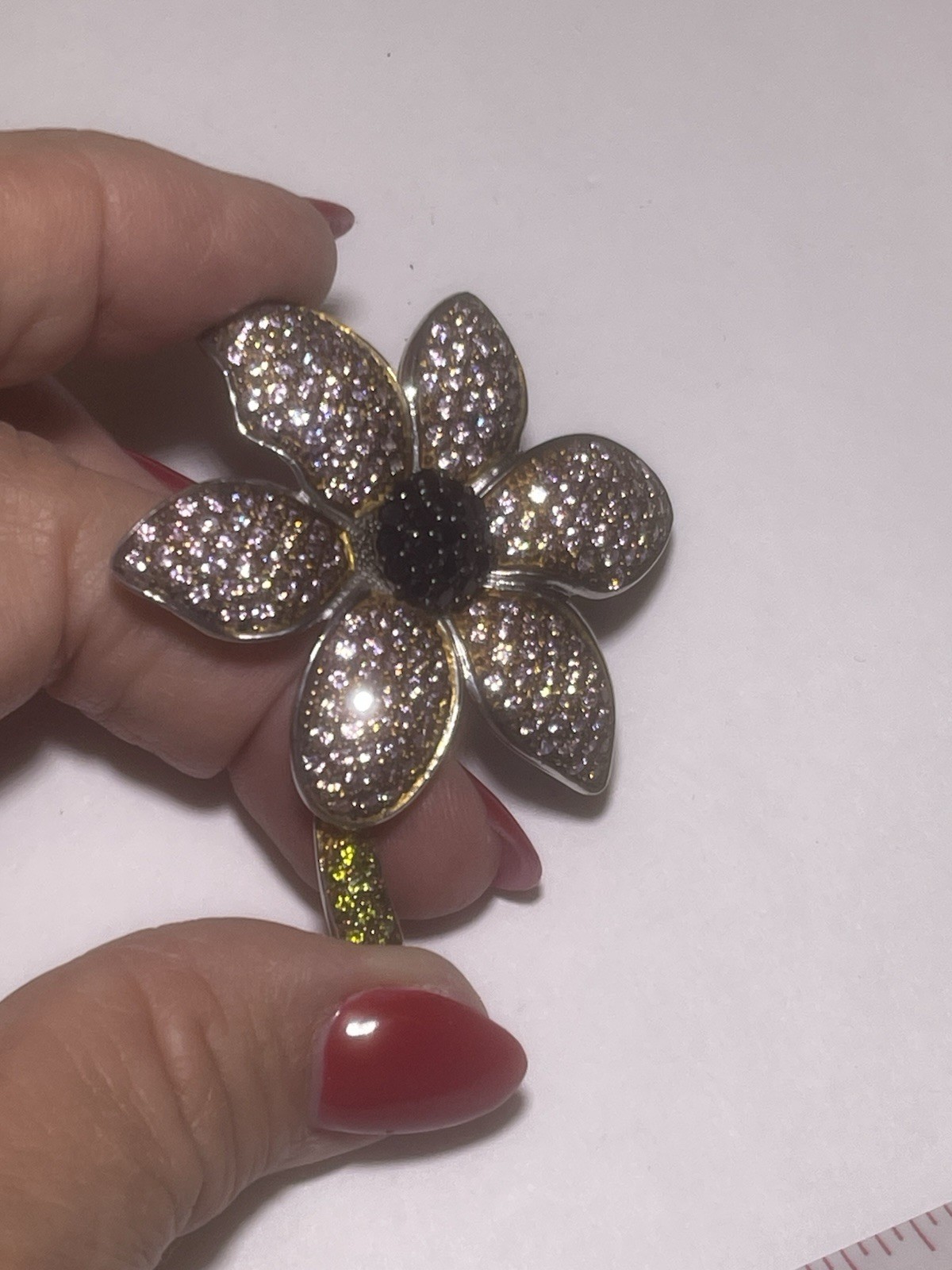 Vintage JJJ 2.5” Flower Pin With Pave Clear Brown Black Rhinestone