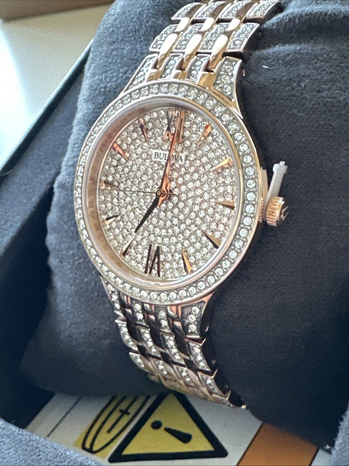 Bulova Quartz Women’s Pave Dial Crystals Rose Gold Watch 32mm 98L235