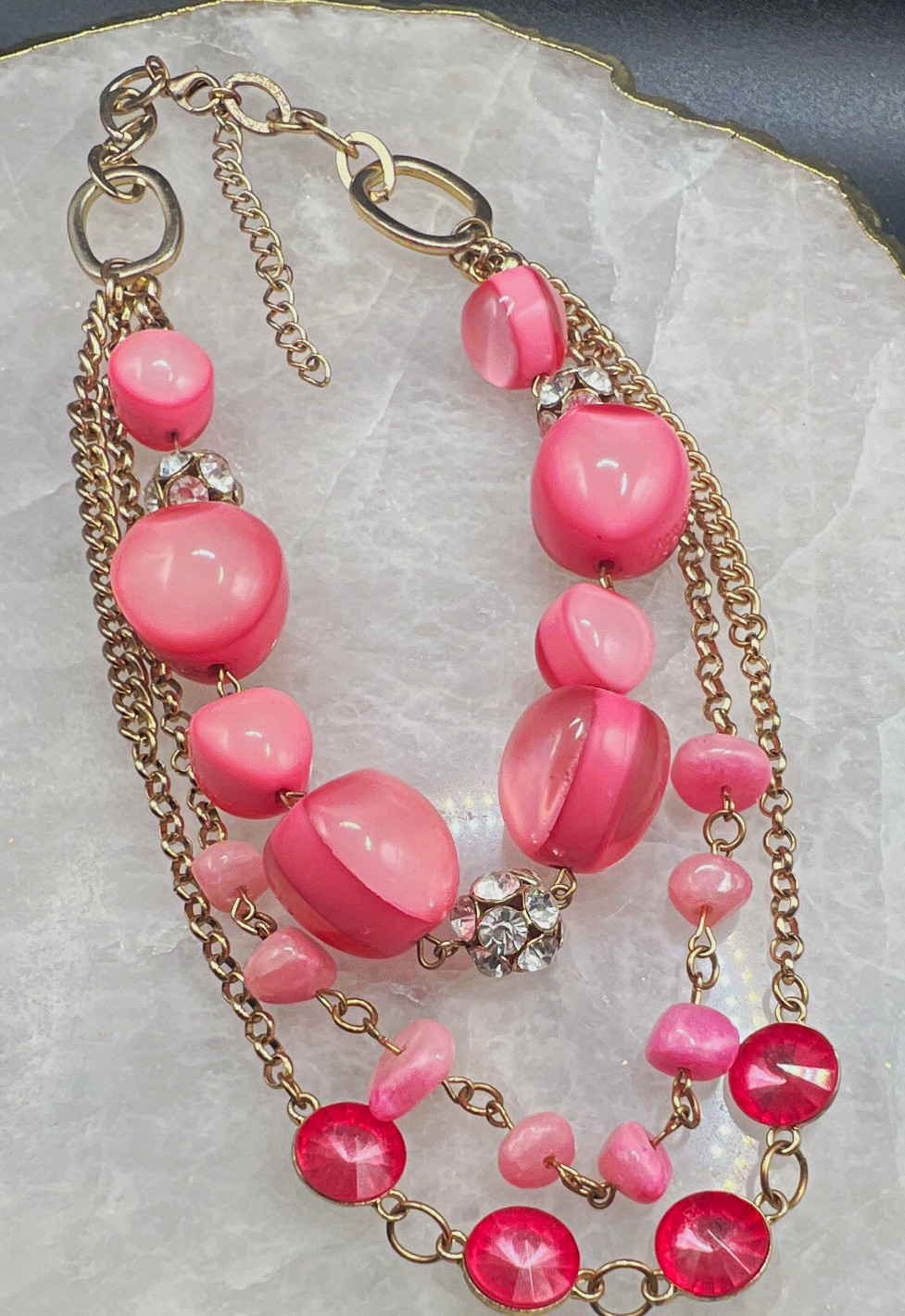 Pink Multi-Strand Beaded Cable Chain Necklace, Clear Crystal Pavé, Gold Tone