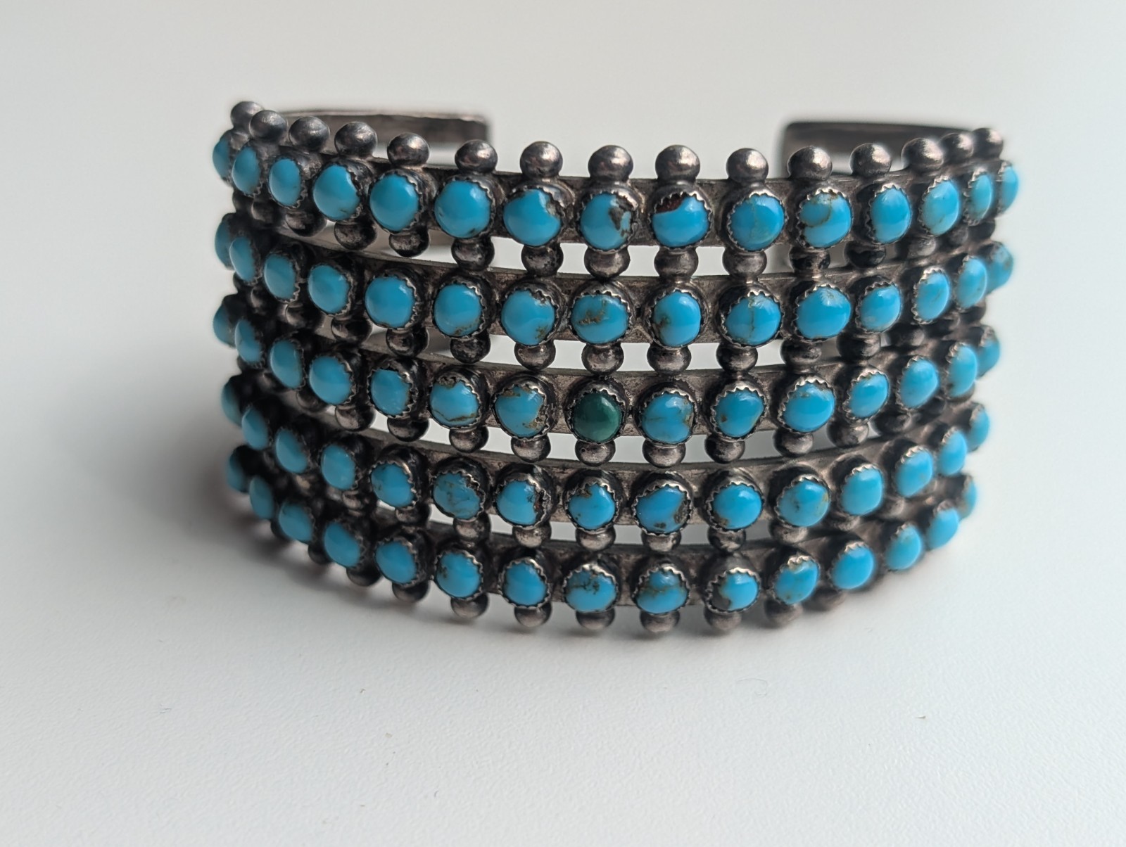 Vintage Mid-Century Silver and Turquoise SW Style, Hand-worked Cuff Bracelet
