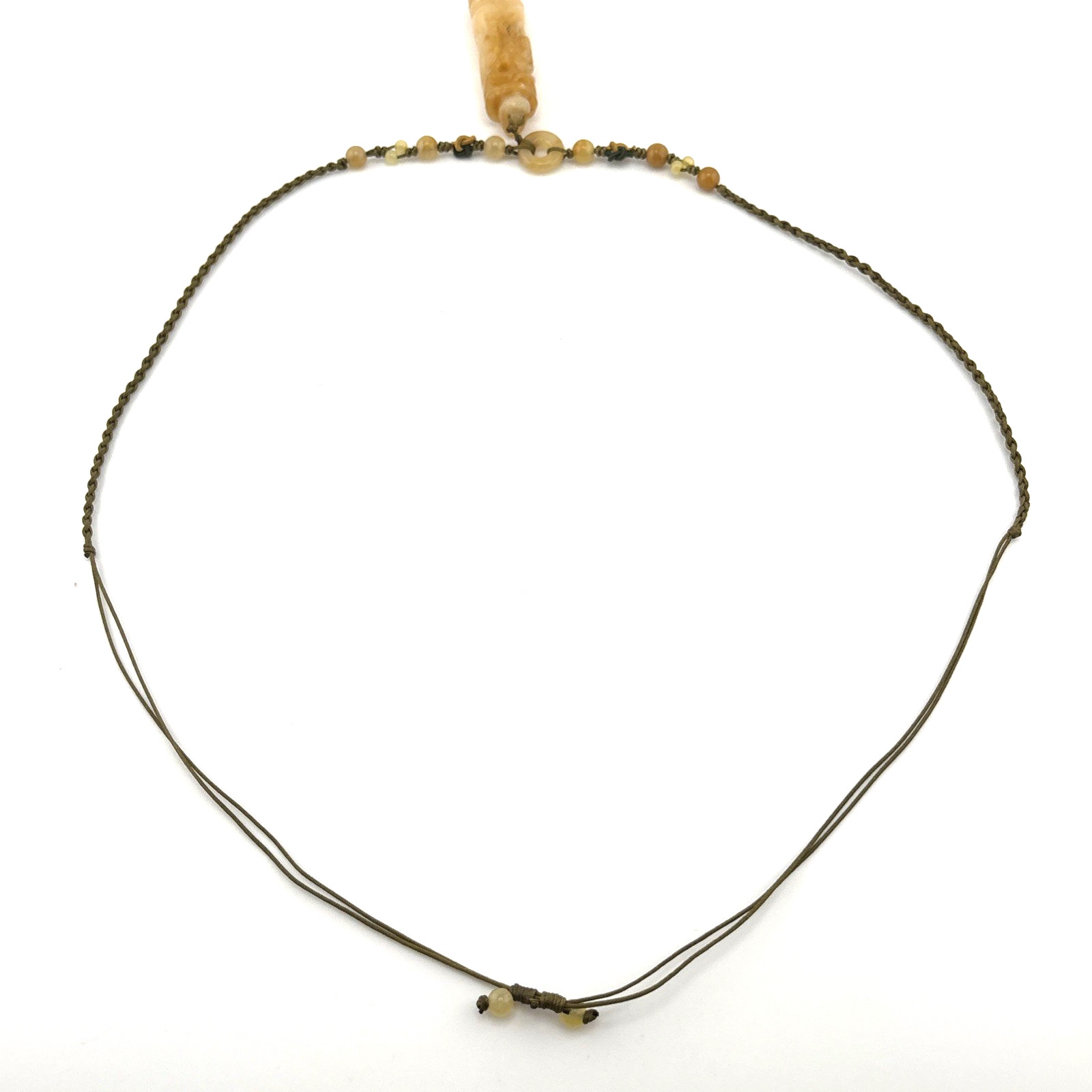 Macrame Genuine Carved Yellow Jadeite Necklace Adjustable Slide Knot 2″ Pendent