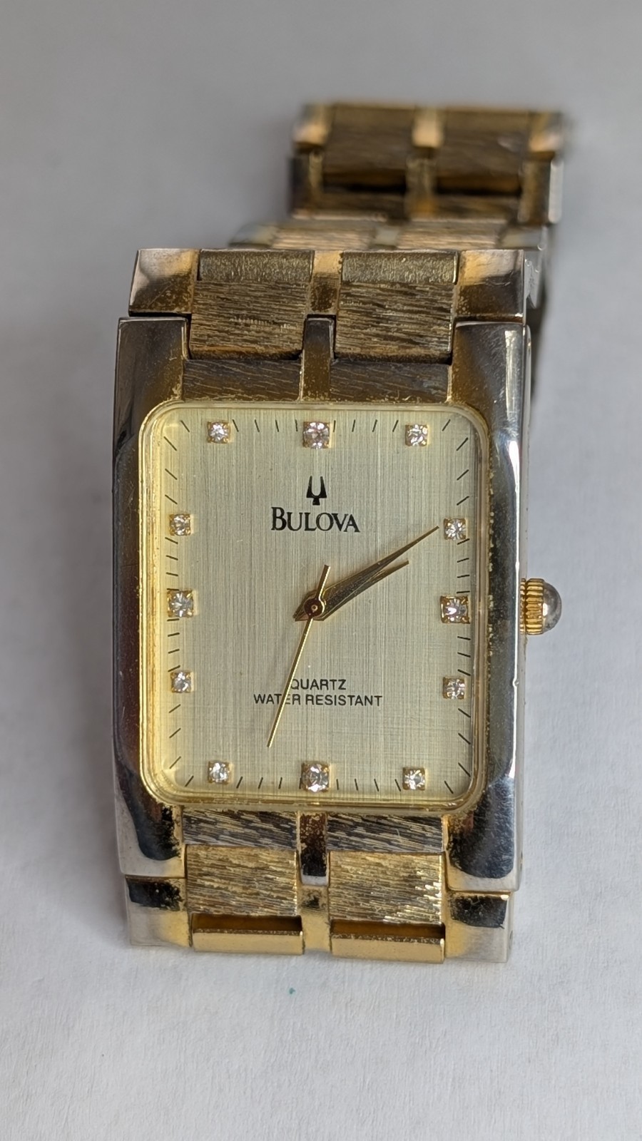 Bulova Swiss Tank Watch 9063 Mens Diamond Accent 18K Gold Plated Vintage Running