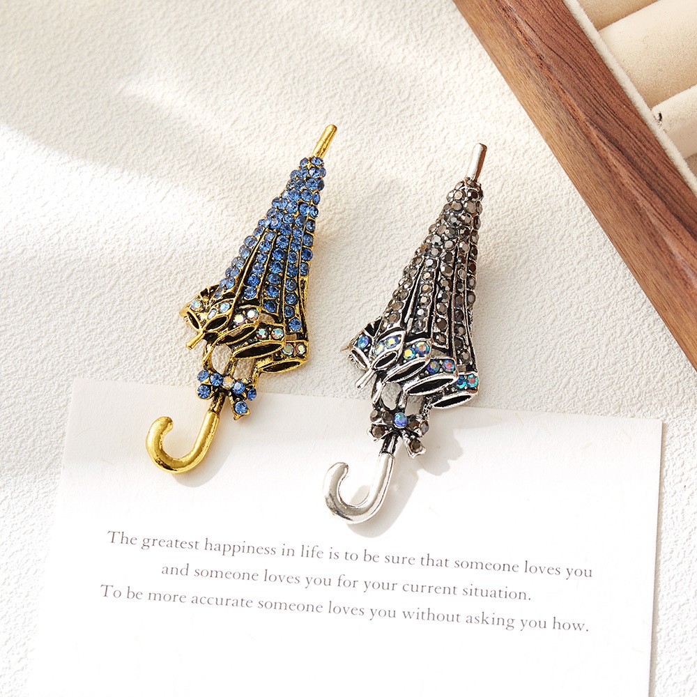 2Pcs Vintage-style Elegant Bow Umbrella Brooches, Adorned with Rhinestones