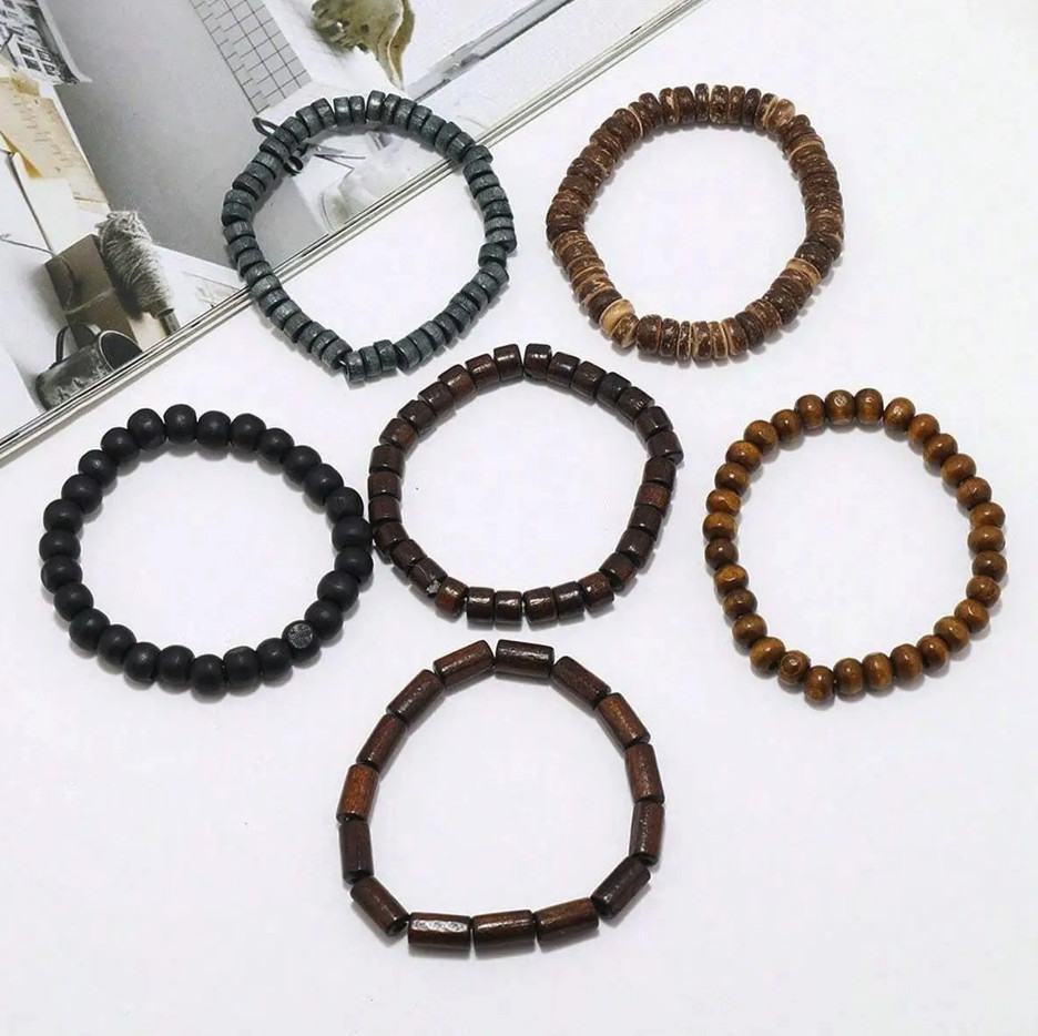 6PCS Wooden Beaded & Braided Leather Bracelets: Vintage Men’s Fashion Armband