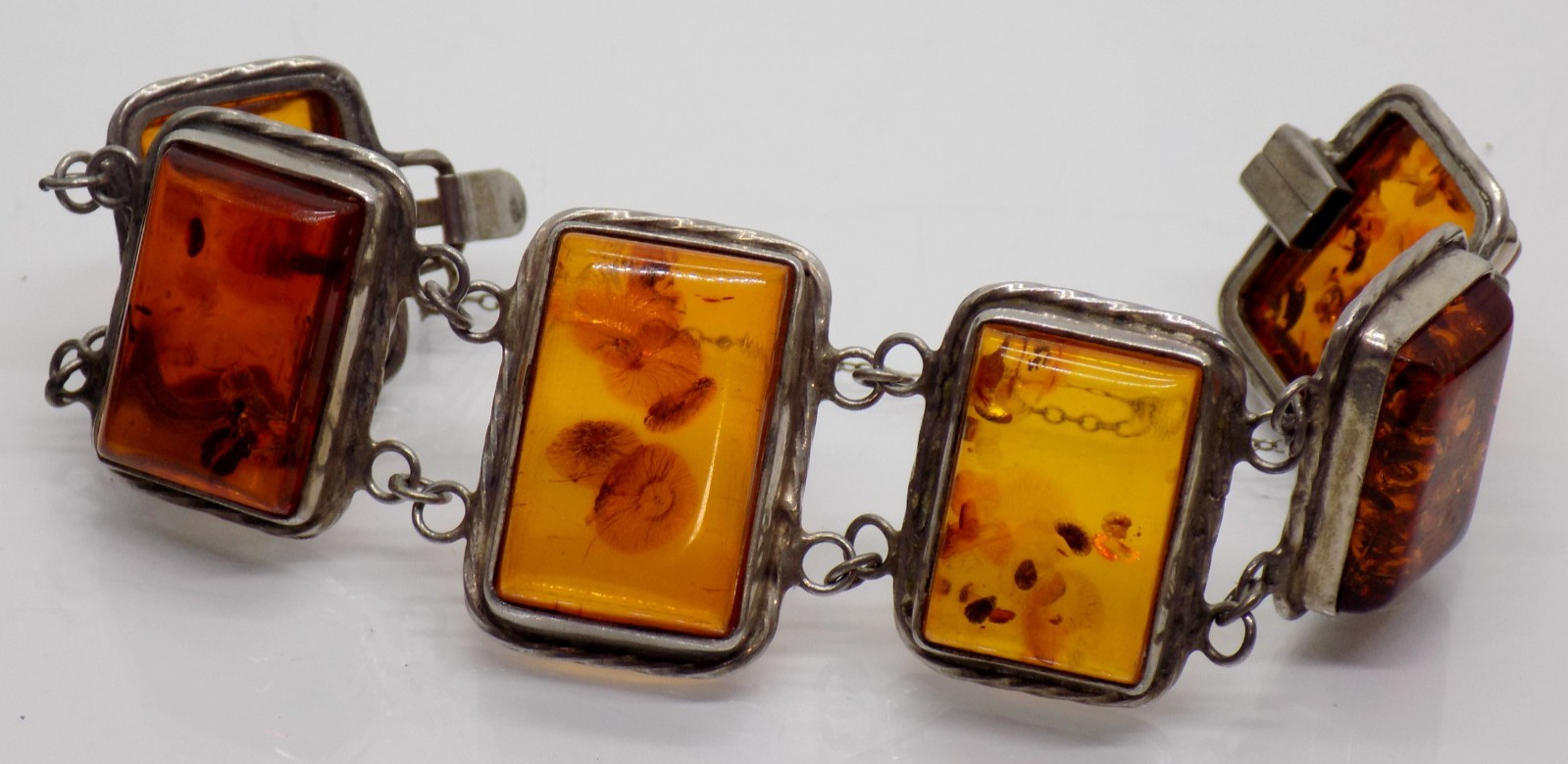 Cognac Baltic Amber Shell 925 Sterling Silver Bracelet 6.5″ Vintage