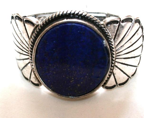 Silver Tone Metal Big Oversized Semi precious Dark Blue Stone stretch Bracelet