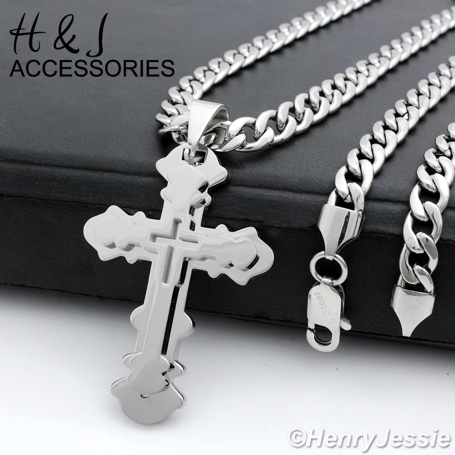 18-40″MEN Stainless Steel 6mm Silver Cuban Curb Chain Overlay Cross Pendant*P76
