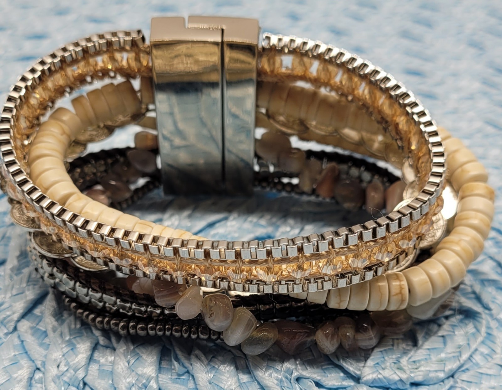 Victoria Emerson Natural Beaded Wrap Cuff Bracelet Multi Strand, Layered Magnet