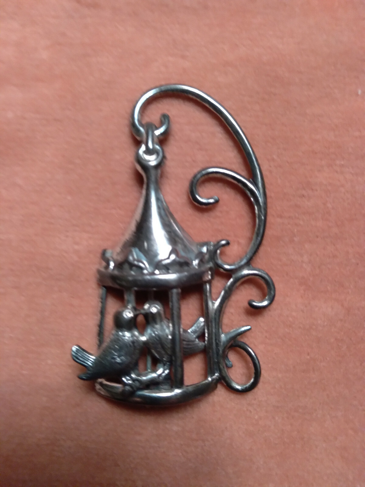 Vintage Signed Lang Sterling Silver Pin Love Birds in Bird Cage 2 1/8″ by 1 1/8″