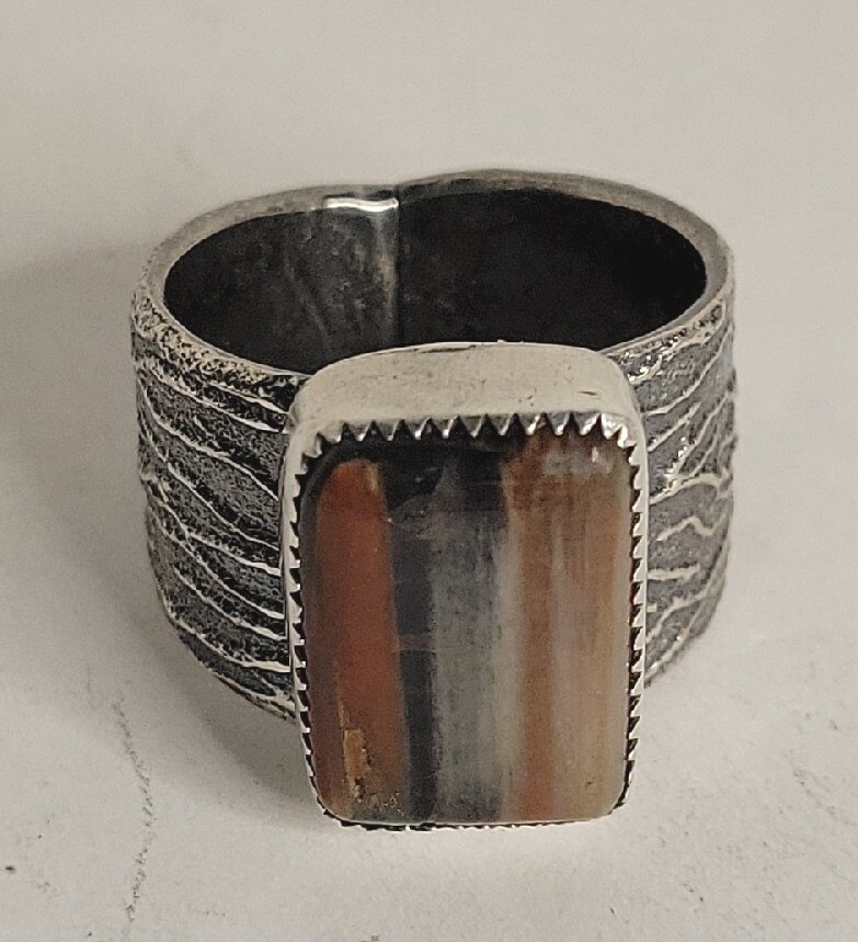Petrified Wood Sterling Silver Ring Size 11-1/2 Signed 18.5g Carved Tufa Cast