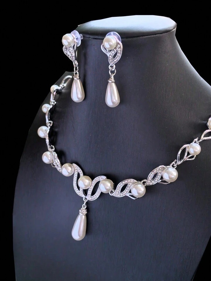 3 Pieces Sliv Plated Pearl Necklace Earrings Set Jewelry Set Wedding Jewelry Set