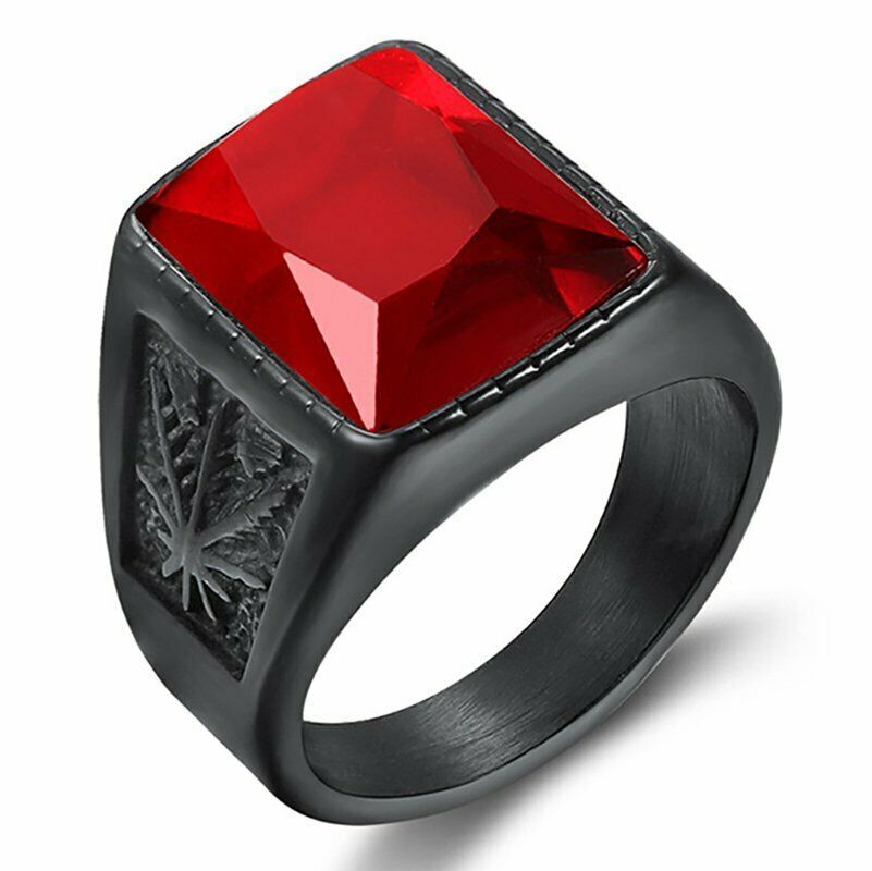 MENDEL Mens Black Red Large Onyx CZ Stone Ring For Men Stainless Steel Size 7-15
