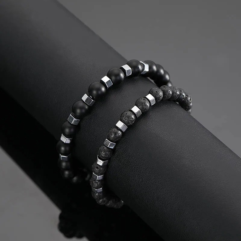 New In Frosted Black Bead Volcanic Stone Men’s Bracelet Set Double Layer Nature