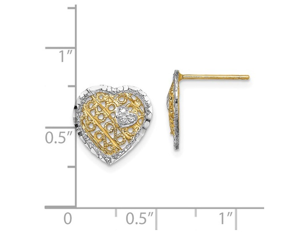 14K Yellow and White Gold Filigree Heart Post Earrings