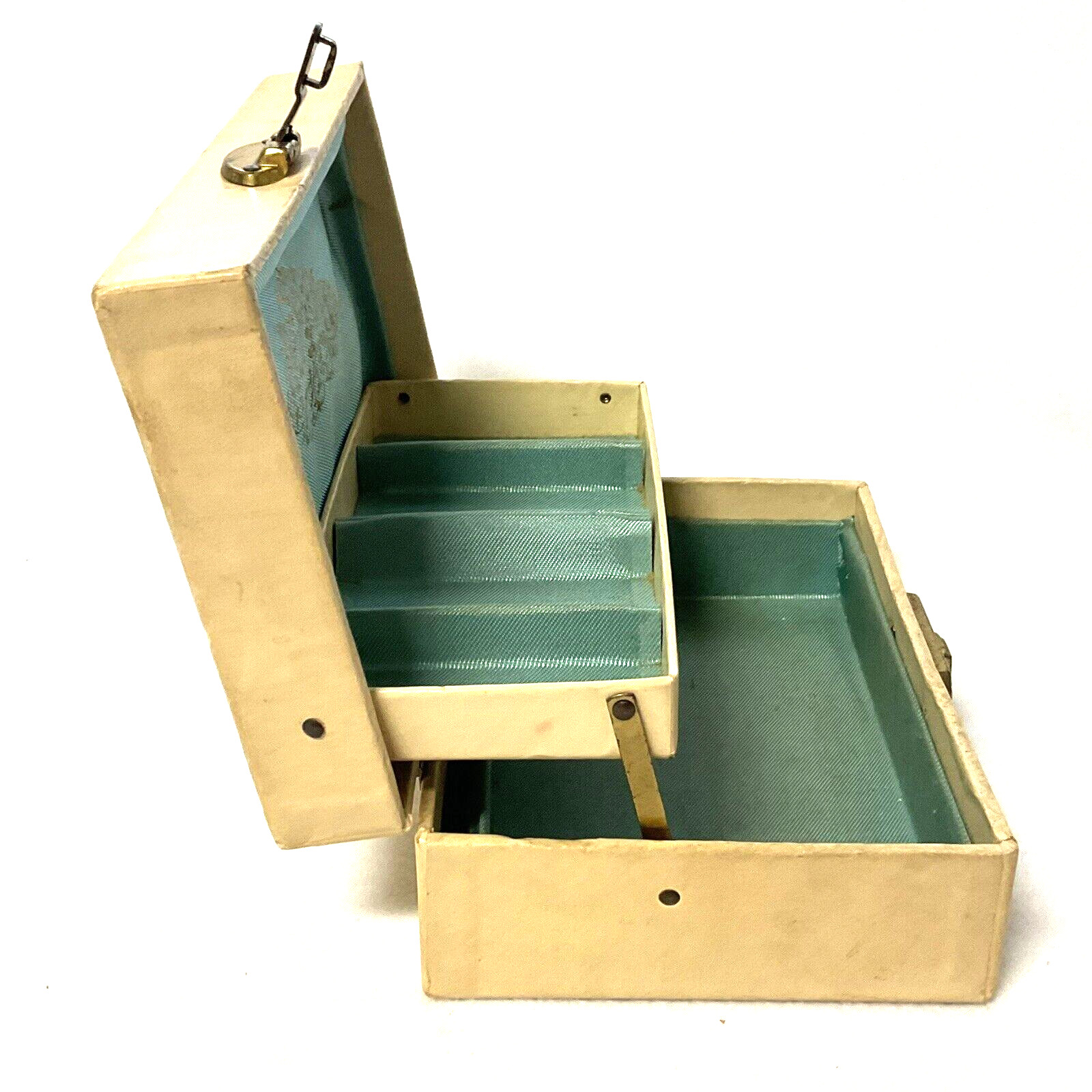 Vintage MCM 2 Level Beige/Gold Jewelry Box Sage Green Interior Flip Lock No Key