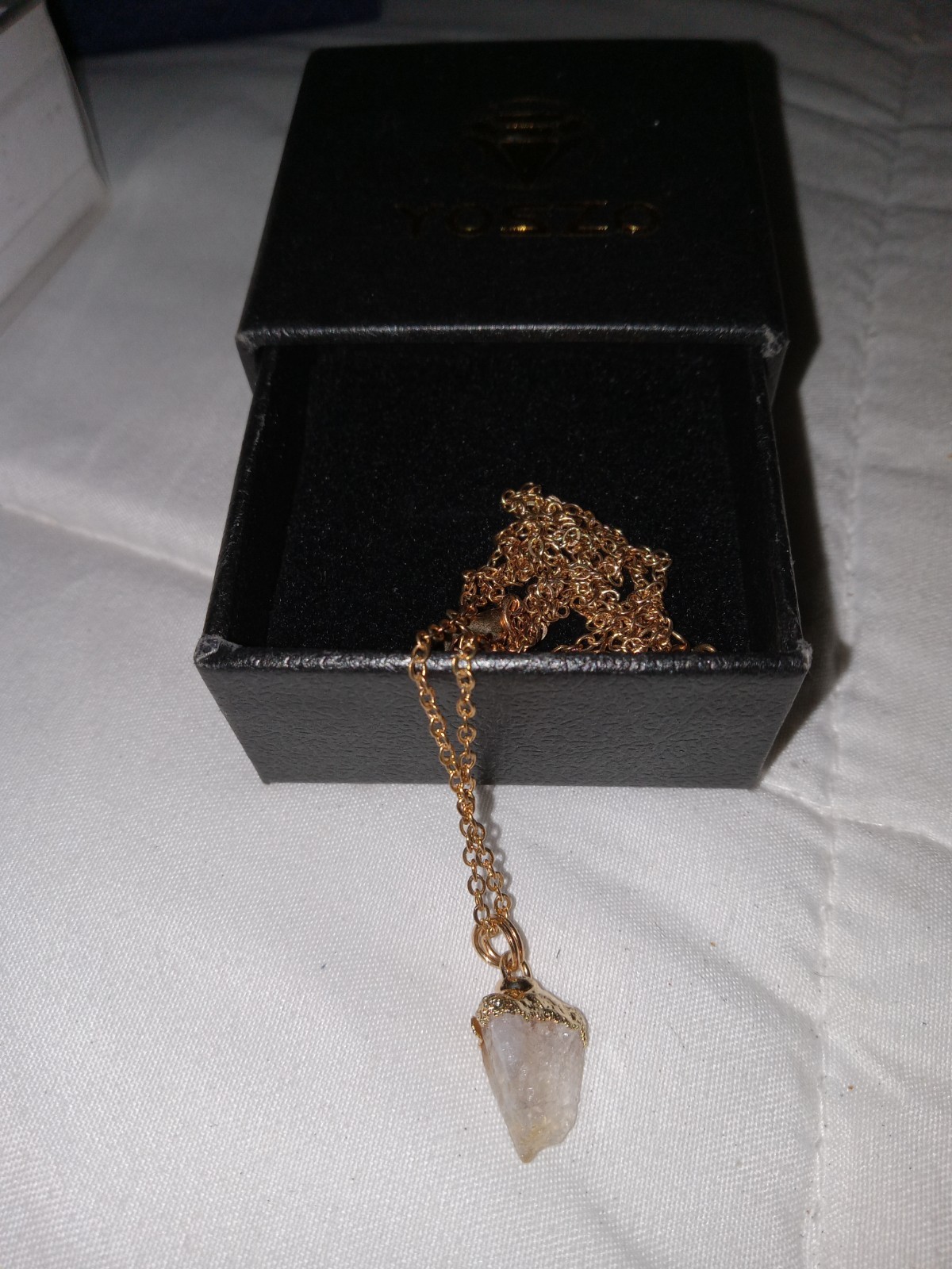 Gold Tone Cable Chain Necklace Clear Quartz Freeform Wire Wrap Charm Pendant