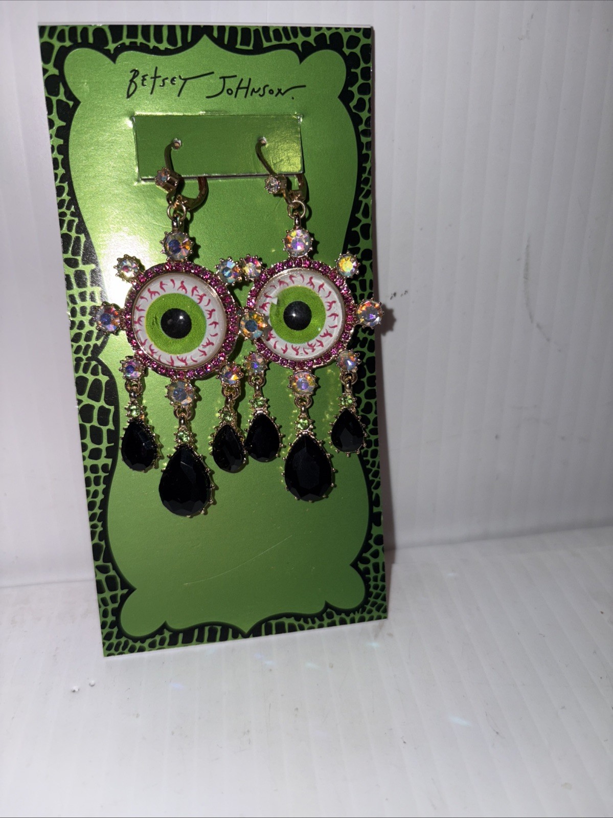 BETSEY JOHNSON DANGLE DROP EYEBALLS EARRINGS W BLACK CRYSTAL TEARS MULTI COLOR