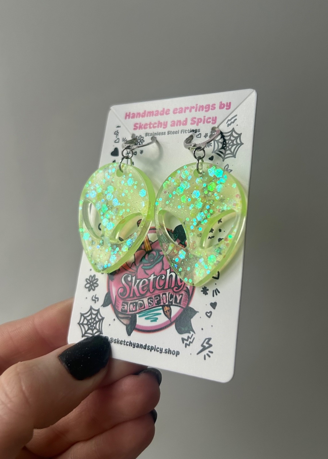 Glow in the Dark Alien Head Earrings – Neon Glitter Resin – Stainless Steel